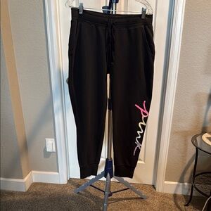 Victoria's Secret Black and Pink Track Pants with Logo Detail. Size Medium